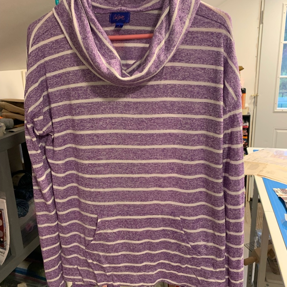 City Streets Purple and White Striped Cowl Neck Sweater